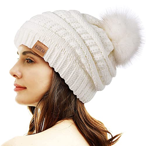 redess damen winter pom pom beanie mütze fleece gefüttert dicke slouchy ski cap