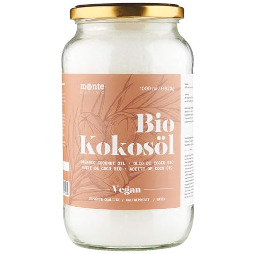 monte nativo bio kokosöl 1000ml, naturrein, vegan, kaltgepresst, als küchenfett und für tiere