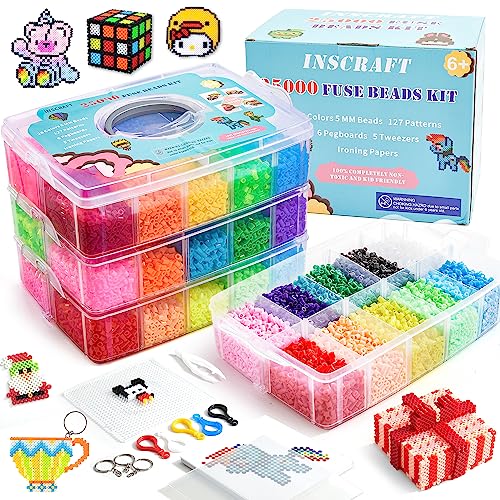 bügelperlen set 25000 teil, inscraft 26 farben, 5 mm, 4 große steckplatten, bügelpapier, pinzette