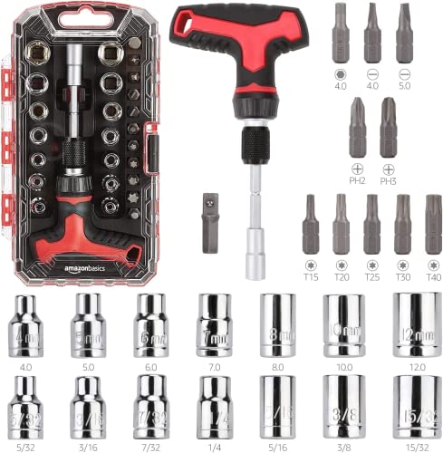 magnetisches ratschen schlüssel set mit t-griff und schraubendreher 27-teilig, amazon basics