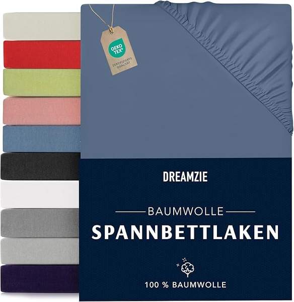 Produktbild: Spannbettlaken 90x190/200cm Blau - 100% Baumwolle Oeko Tex Jersey