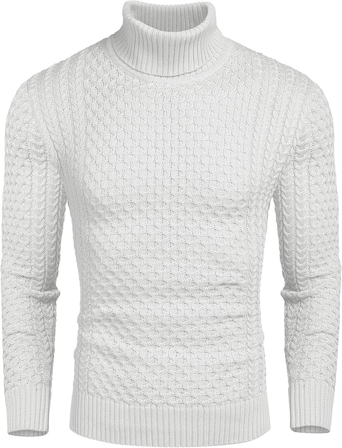 Coofandy Herren Rollkragen Strickpullover Slim Fit Winter Basic, Weiß, M