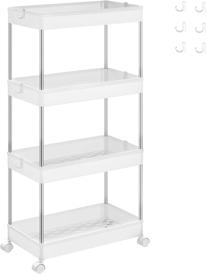 SONGMICS Küchenwagen mit 4 Ebenen, Stahlgestell, 360 drehbar, weiß KSC10WT