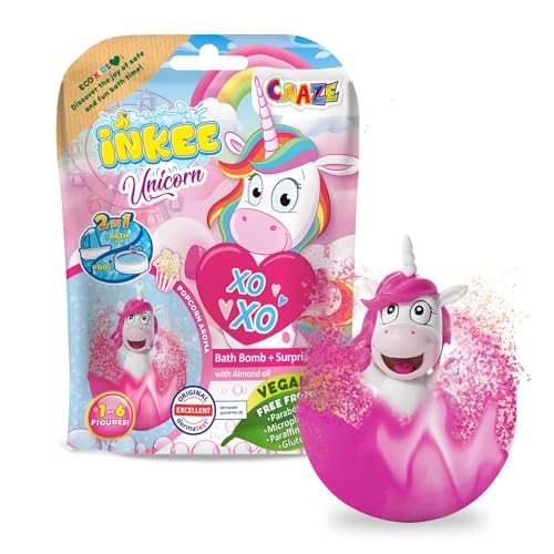 badebombe kinder mit überraschung, inkee unicorn badekugel 100g einhornfiguren, popcorn Duft