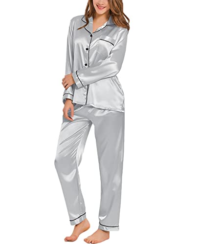 swomog damen satin schlafanzug pyjama set langarm loungewear zweiteilig seide