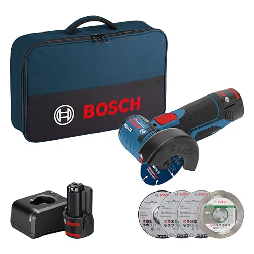 bosch professional 12v akku winkelschleifer gws 12v-76 mit 2x 2.0ah akku und scheiben-set