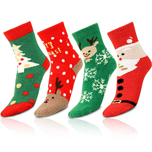 QPout weihnachtssocken für damen und herren, 4 paare warme kuschelsocken mit schneeflocken