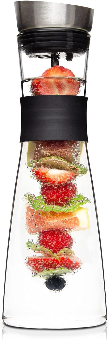 Glaskaraffe 1L mit Fruchtspieß, Edelstahldeckel & Griff aus Borosilikatglas