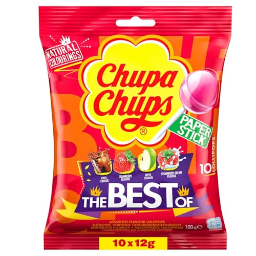 chupa chups lutscher 10 x 12g cola, erdbeere, apfel, erdbeere-sahne