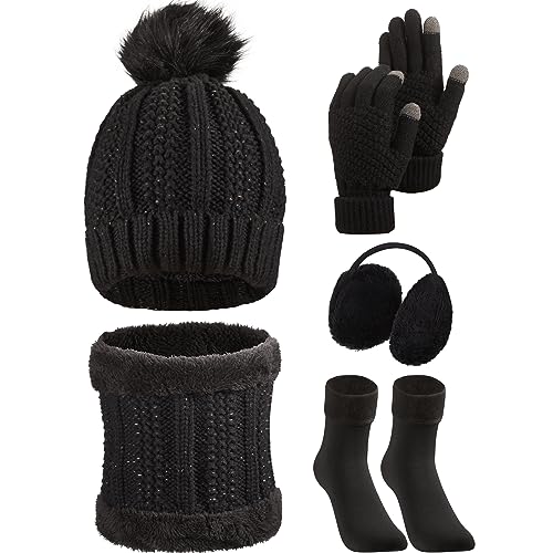 satinior 5 teiliges damen winter set strickmütze schal handschuhe ohrenschützer strümpfe schwarz