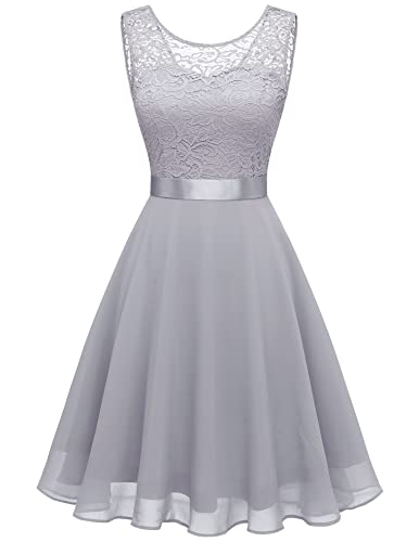 berylove spitzenkleid damen knielang brautjungfer cocktailkleid chiffon grau äbmlos BLP7005B-GreyS