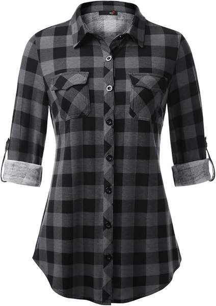 Karierte Damen Bluse Langarm 3/4 Roll-Up Ärmel Button-Down Schwarz L