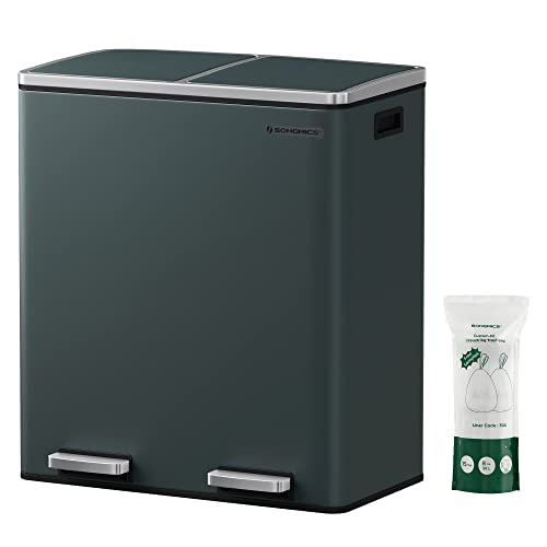 SONGMICS Mülleimer 2 x 30L, Mülltrennsystem, Treteimer, Metall, grüngrau