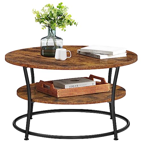 vasagle runder couchtisch, wohnzimmertisch mit ablage, metall, industrie-design, vintagebraun-tintenschwarz
