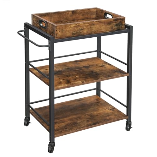 vasagle serving trolley mit abnehmbarem tablett, höhenverstellbar, braun schwarz