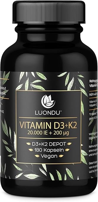 Produktbild: Vitamin D3 20.000 I.E. + K2 MK7 200 mcg vegan, 180 Kapseln, ohne Zusätze