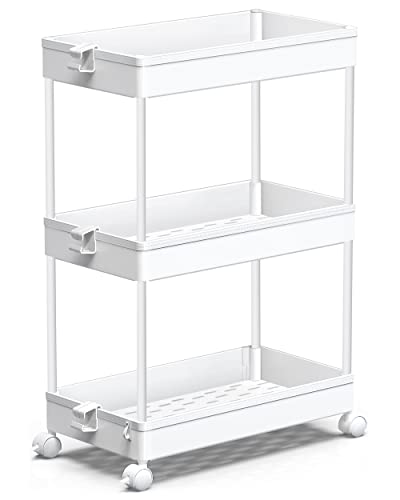 spacekeeper küchenwagen auf rollen, rollwagen mit 3 ebenen, 40x22x61cm, weiß