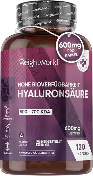 hyaluron kapseln 600mg, 120 vegane, niedrige molekülgröße - weightworld