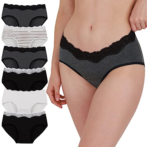 innersy damen slips mehrpack mit spitzenbesatz 6er pack mittlere taille schwarz grau weiß streifen