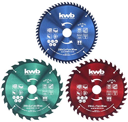 Produktbild: kwb 3-teiliges kreissägeblatt-set 210 x 30/20/16 mm für kreissägen, inklusive reduzierringe