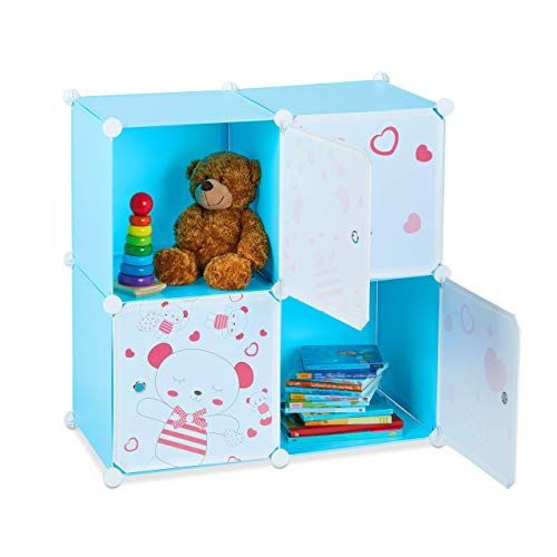 Relaxdays Spielregal kinder teddybär motiv 4 fächer blau erweiterbar HBT 75x75x36,5 cm
