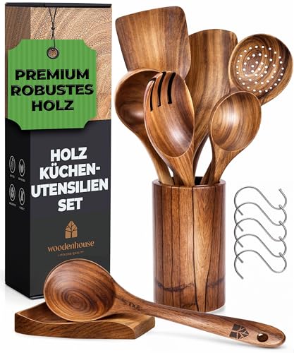 Produktbild: holz kochbesteck set 13-teilig mit halter, wender, kochlöffel, schöpfer, pastaservice, sieb