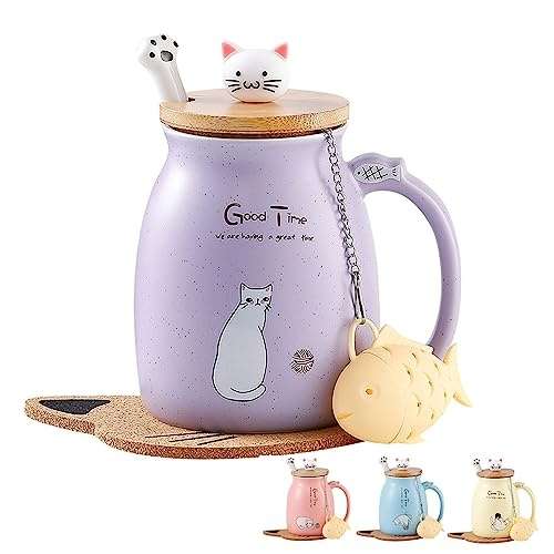 cat mug keramik kaffeetasse mit holzdeckel edelstahl-löffel 380 ml geschenk