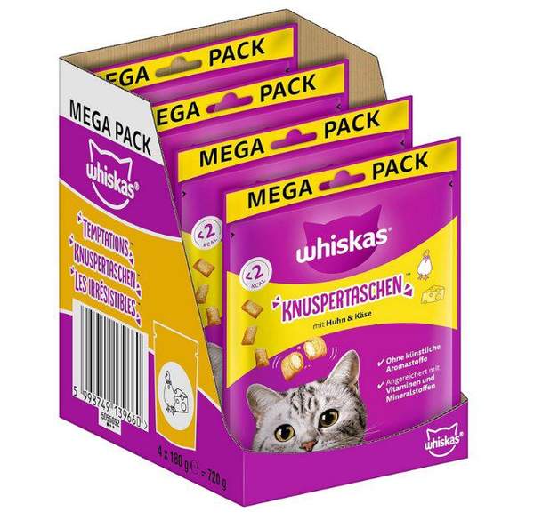 whiskas knuspertaschen huhn und käse 4x 180g für 9,56 euro statt 15 euro