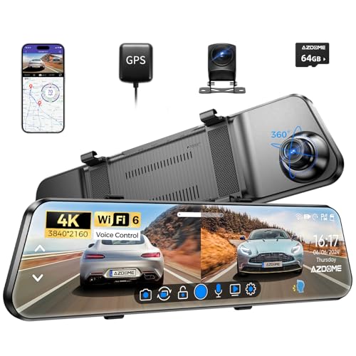 azdome pg17 4k dashcam auto spiegelkamera mit gps, wdr, 1080p rückkamera, 64gb karte