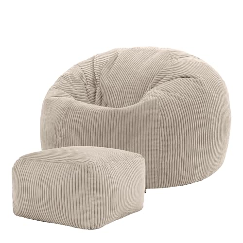 kingston sitzsack cord beige mit hocker, lounge sessel für wohnzimmer und schlafzimmer