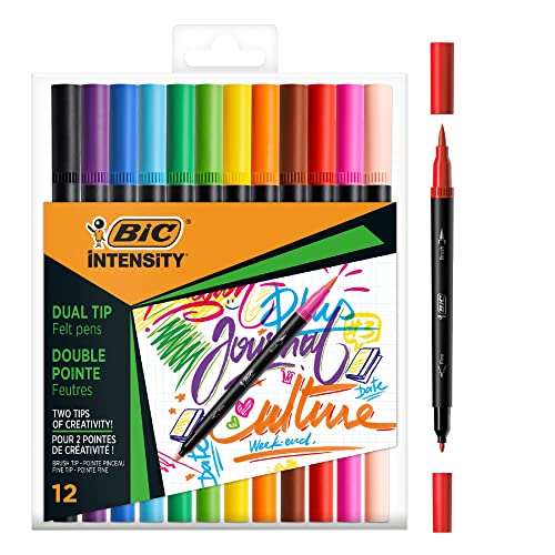 BIC Intensity Filzstifte Set 12 Farben, dual tip pens mit Pinsel und feiner Spitze