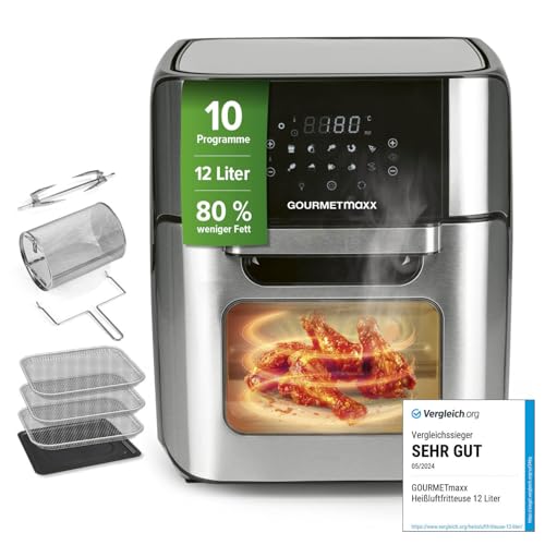 GOURMETmaxx XXL Heißluftfritteuse 12 L, Edelstahl-Ofen, 1800 W, Touchdisplay, 10 Programme, fettarm, energiesparend