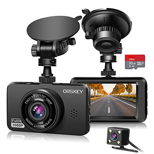 orskey dashcam auto vorne und hinten 1080p full hd 32gb sd-karte doppelobjektiv 170 weitwinkel