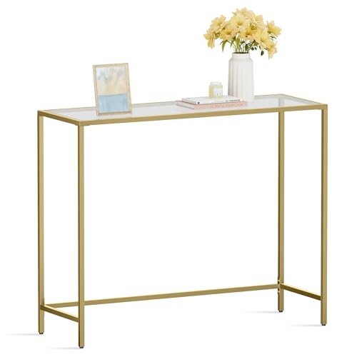 VASAGLE Konsolentisch, Beistelltisch, Hartglas, verstellbare Füße, helles Gold-transparent LGT26G