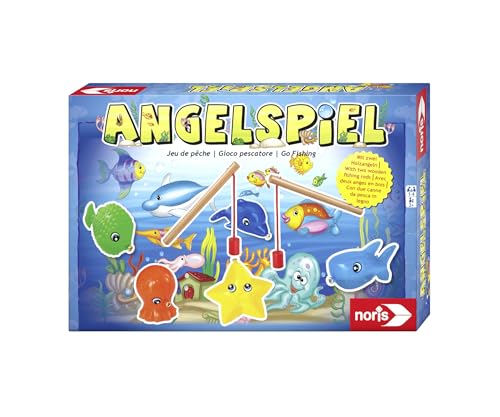 angelspiel kinderspiel mit fisch figuren und 2 holz angeln, noris, ab 2 jahren