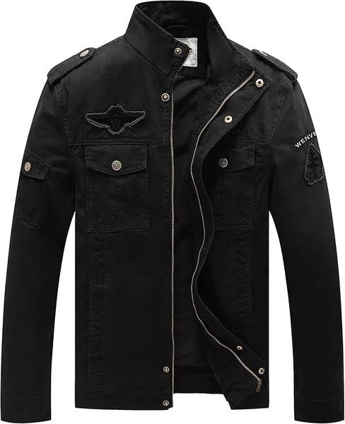 WenVen Herren Militärjacke Stehkragen Übergangsjacke Schwarz L