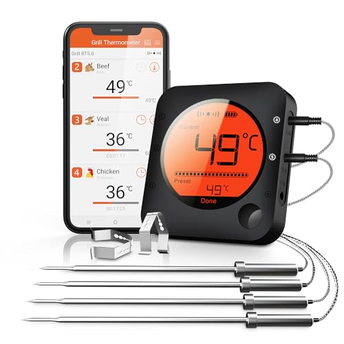 bfour grill thermometer mit bluetooth, 4 temperatursonden, timer, led-display