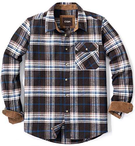 cqr herren flanell langarm hemd button-up baumwolle moose brown, s