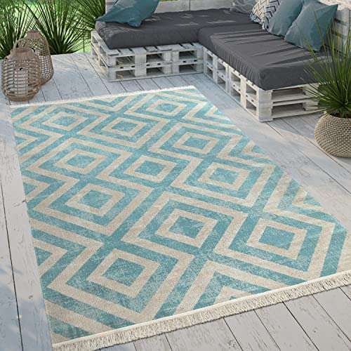 Paco Home Outdoor Teppich Blau-Weiß 60x100 cm Geometrisches Rauten-Muster Wetterfest