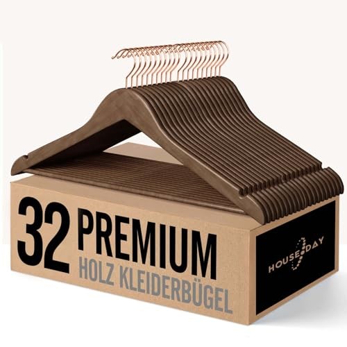 HOUSE DAY Holz Kleiderbügel 32 Stück Walnuss 44,5cm mit Einkerbung, Drehbar, Rosgold
