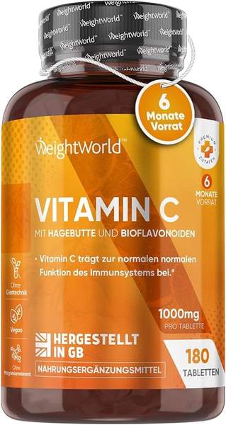 vitamin c 1000mg mit bioflavonoiden und hagebutte - 180 vegane tabletten - weightworld