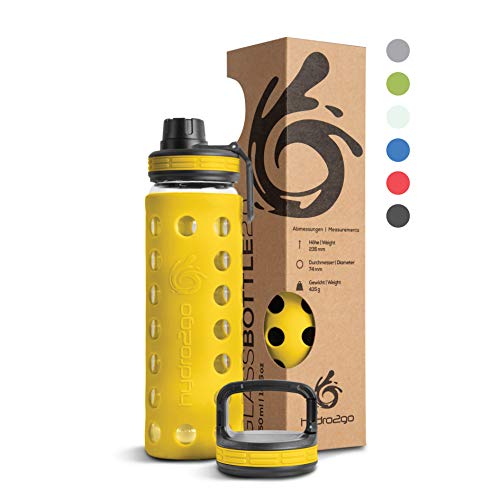 hydro2go glas-trinkflasche 550 ml mit silikonhülle, 100% auslaufsicher, spülmaschinenfest