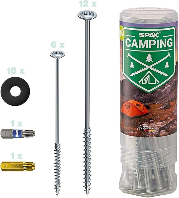spax tellerkopfschrauben camping set 18 teile mit 2 bits und 18 unterlegscheiben
