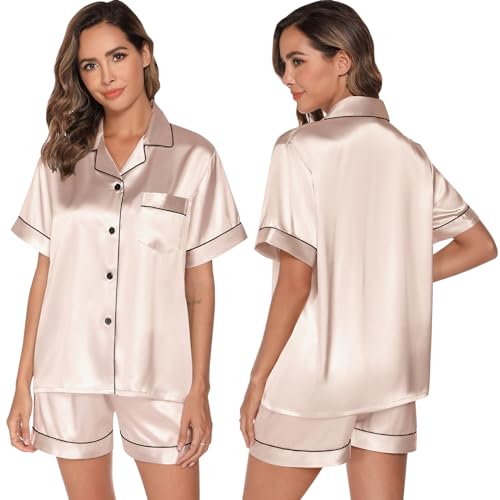 GAESHOW Damen Satin Schlafanzug Set, Kurzarm V-Ausschnitt Pyjama, S-XXL