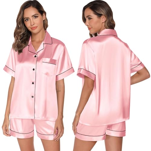 gaeshow satin pyjama damen, seiden pyjama set kurzärmlig mit shorts, lounge wear