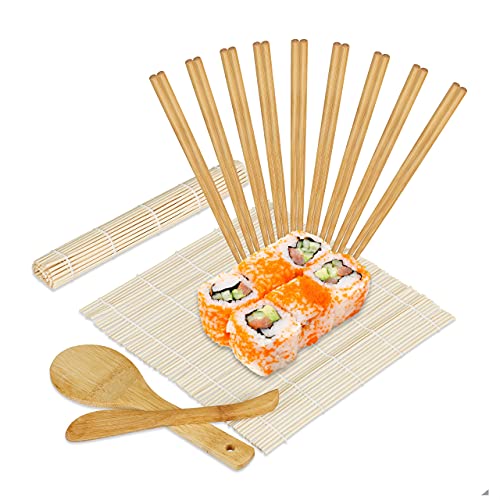 sushi set bambus relaxdays mit 2 sushi matten, reislöffel, 10 paar essstäbchen