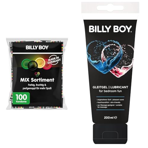 billy boy kondome mix-packung 100 stück, extra feucht, perlgenoppte, 200 ml gleitgel