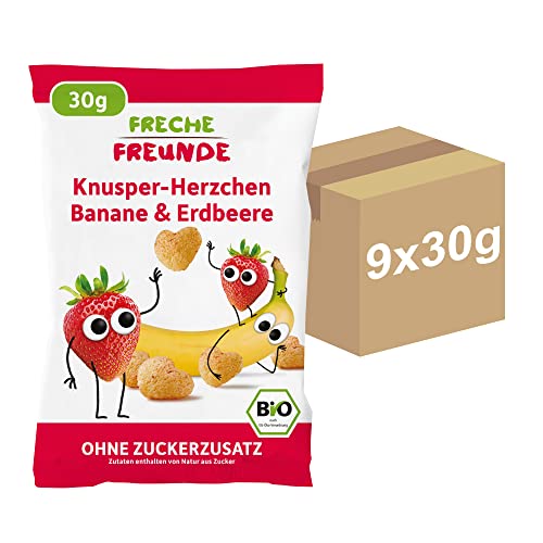 Bio knusper herzchen von freche freunde aus gepufftem mais, mit bananen und erdbeeren, vegan, glutenfrei, 9er pack