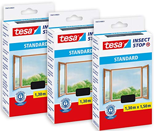 tesa Insect Stop Fliegengitter Fenster 3er Pack, zuschneidbar, ohne Bohren, anthrazit