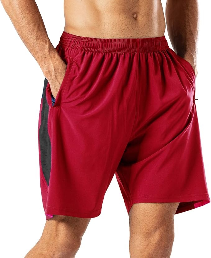 HMIYA Herren Sport Shorts Kurz mit Reißverschlusstaschen, schnell trocknend (Rot, S)